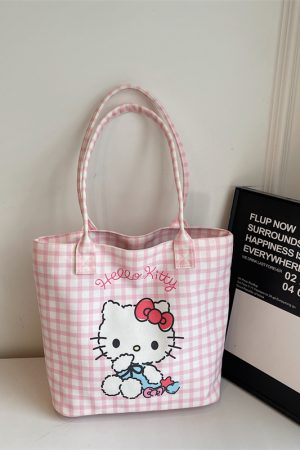 Checkered Canvas Tote Bag for Summer 2025 - Cute Cat Design, Large Capacity, Lightweight, Versatile Handheld Shoulder Bag