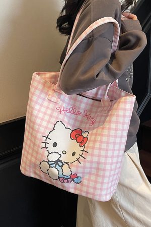 Checkered Canvas Tote Bag for Summer 2025 - Cute Cat Design, Large Capacity, Lightweight, Versatile Handheld Shoulder Bag