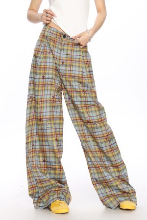 Checkered Color-Blocking Wide-Leg Pants for Women - Casual Summer Striped Draped Trousers, Versatile Y2K Fashion