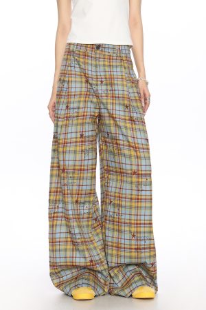 Checkered Color-Blocking Wide-Leg Pants for Women - Casual Summer Striped Draped Trousers, Versatile Y2K Fashion