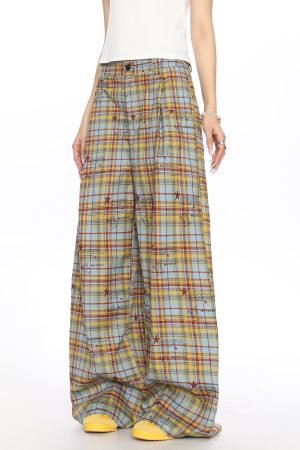 Checkered Color-Blocking Wide-Leg Pants for Women - Casual Summer Striped Draped Trousers, Versatile Y2K Fashion