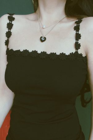 Chenopod Flower Shoulder Strap Black Camisole Dress - 2024 Spring/Summer French Lace Square Neck Vacation Dress for Hot Girls