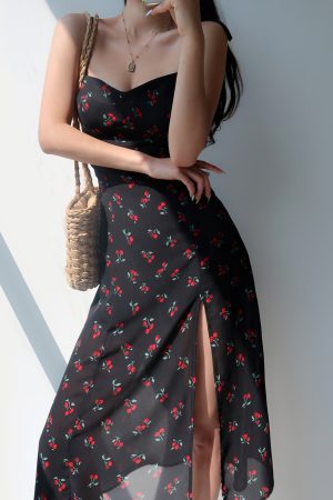 Cherry Floral Spaghetti Strap Dress - Sexy Tie Waist, Slim Fit, Side Slit, Knee-Length - European American Style, Perfect for Summer