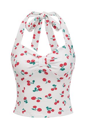 Cherry Print Bow Tie Halter Top - Women's Slim Fit Camisole - Summer European American Style - Trendy Y2K Fashion