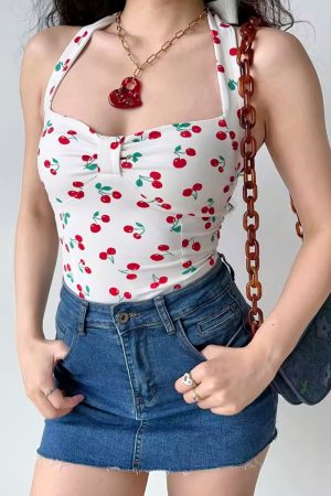 Cherry Print Bow Tie Halter Top - Women's Slim Fit Camisole - Summer European American Style - Trendy Y2K Fashion
