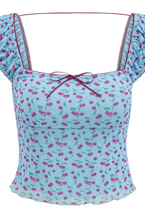 Cherry Print Puff Sleeve Square Neck T-shirt for Women - Slim Fit Backless Hot Girl Style, European & American Fashion