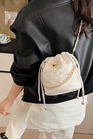 Chic 2025 Small Diamond-Pattern Drawstring Bucket Bag for Women - Fashionable Chain Shoulder Crossbody Bag