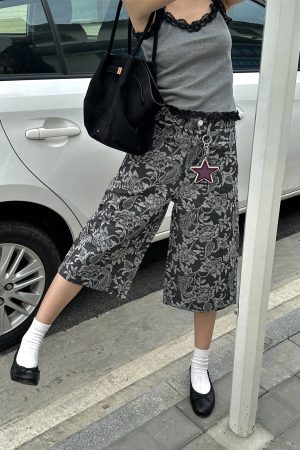 Chic Jacquard Cashew Flower Retro Straight-Leg Cargo Pants for Women - 2025 Niche Style, Slimming Fit, Trendy Y2K Fashion