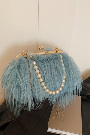 Chic Plush Shoulder Bag with Pearl Handle, Fluffy Design for Women, Spring/Summer 2025 High-End Fashion Accessory