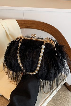 Chic Plush Shoulder Bag with Pearl Handle, Fluffy Design for Women, Spring/Summer 2025 High-End Fashion Accessory