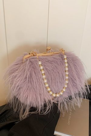 Chic Plush Shoulder Bag with Pearl Handle, Fluffy Design for Women, Spring/Summer 2025 High-End Fashion Accessory