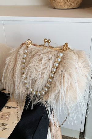 Chic Plush Shoulder Bag with Pearl Handle, Fluffy Design for Women, Spring/Summer 2025 High-End Fashion Accessory