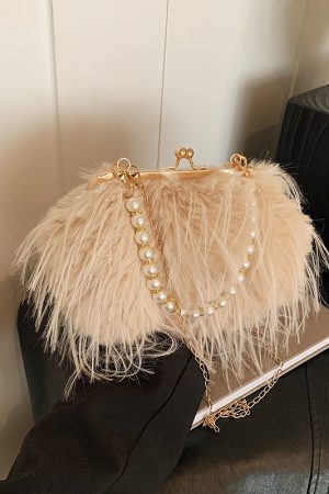 Chic Plush Shoulder Bag with Pearl Handle, Fluffy Design for Women, Spring/Summer 2025 High-End Fashion Accessory