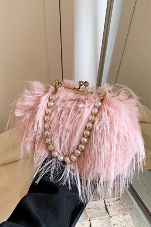 Chic Plush Shoulder Bag with Pearl Handle, Fluffy Design for Women, Spring/Summer 2025 High-End Fashion Accessory