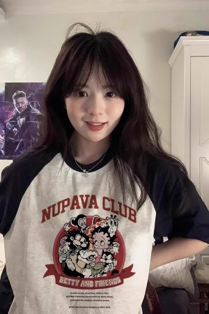 Chic Pure Cotton Hong Kong Style Cartoon Raglan Short Sleeve T-Shirt for Women Plus Size - American Retro Loose Fit Top