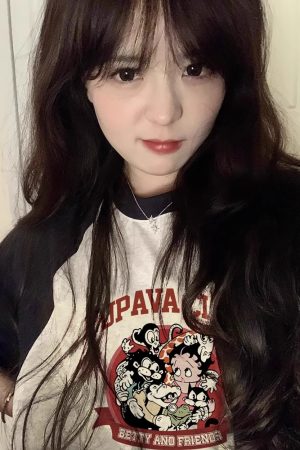 Chic Pure Cotton Hong Kong Style Cartoon Raglan Short Sleeve T-Shirt for Women Plus Size - American Retro Loose Fit Top