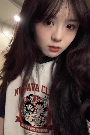 Chic Pure Cotton Hong Kong Style Cartoon Raglan Short Sleeve T-Shirt for Women Plus Size - American Retro Loose Fit Top