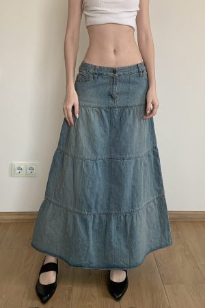 Chilling Blue Vintage Washed Distressed Denim Long Skirt Women's A-Line Midi Skirt for 90s and Y2K Style