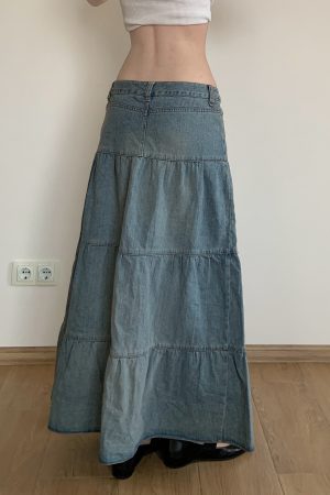 Chilling Blue Vintage Washed Distressed Denim Long Skirt Women's A-Line Midi Skirt for 90s and Y2K Style