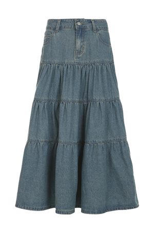 Chilling Blue Vintage Washed Distressed Denim Long Skirt Women's A-Line Midi Skirt for 90s and Y2K Style