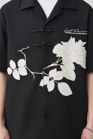 Chinese Style Buttoned Short-Sleeve Shirt with Patch Embroidery - Trendy Y2K Fashion for a Chic Look