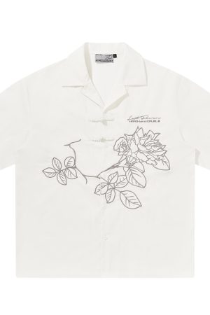Chinese Style Buttoned Short-Sleeve Shirt with Patch Embroidery - Trendy Y2K Fashion for a Chic Look