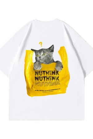 Chinese Style Cat Graphic Short Sleeve T-Shirt for Men and Women, Trendy Unisex Streetwear, Summer Loose Fit Couple Outfit