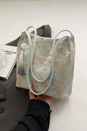 Chinese-Style Embroidered Single-Shoulder Bucket Bag for Women - 2025 Summer National Style Fashion, Large Capacity Commuting Tote