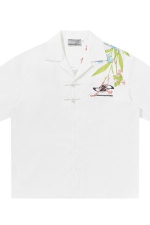Chinese-Style Floral Embroidery Short-Sleeve Shirt - Minimalist Shoulder-Length Streetwear Top