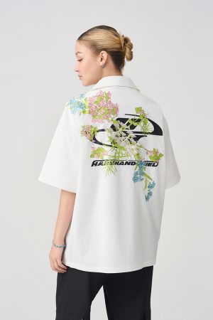 Chinese-Style Floral Embroidery Short-Sleeve Shirt - Minimalist Shoulder-Length Streetwear Top