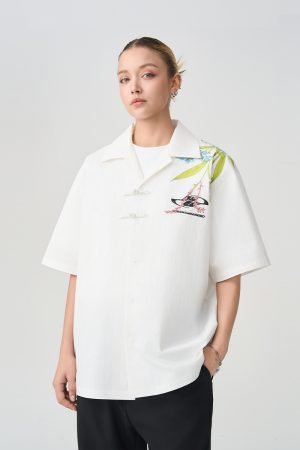 Chinese-Style Floral Embroidery Short-Sleeve Shirt - Minimalist Shoulder-Length Streetwear Top