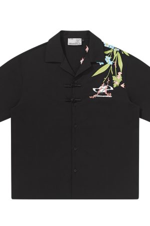 Chinese-Style Floral Embroidery Short-Sleeve Shirt - Minimalist Shoulder-Length Streetwear Top