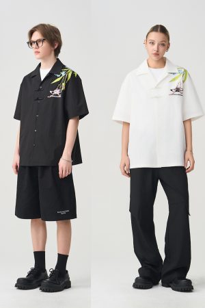 Chinese-Style Floral Embroidery Short-Sleeve Shirt - Minimalist Shoulder-Length Streetwear Top
