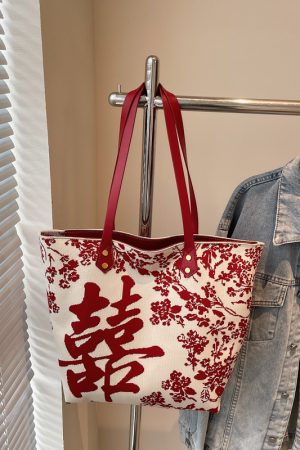 Chinese-Style Red Double Happiness Tote Bag - Large Capacity Shoulder Bag for Weddings and Special Occasions