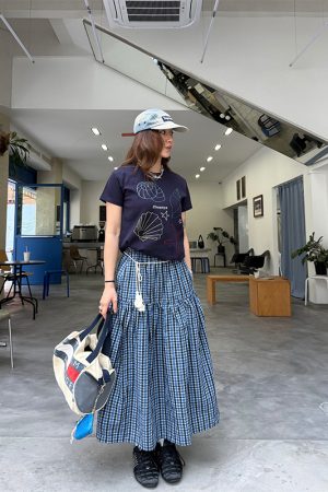 Coffee Checkered Elastic Waist Cake Half Skirt for Women - Slimming Long Summer Style