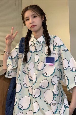 College Style Cartoon Girl Short Sleeve Blouse - Summer Loose Fit Printed Top for Students - Trendy Hong Kong Style