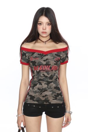 Color-Block Camouflage One-Shoulder T-Shirt for Women – Slim Fit Summer Top – Trendy American Style Spicy Girl Fashion