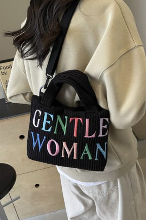 Color-Block Casual Knitted Tote Shoulder Bag with Embroidered 'Gentle Woman' - Trendy 2025 Accessory for Everyday Style