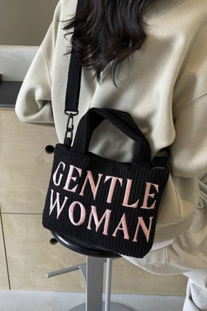 Color-Block Casual Knitted Tote Shoulder Bag with Embroidered 'Gentle Woman' - Trendy 2025 Accessory for Everyday Style