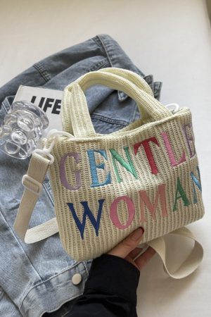 Color-Block Casual Knitted Tote Shoulder Bag with Embroidered 'Gentle Woman' - Trendy 2025 Accessory for Everyday Style