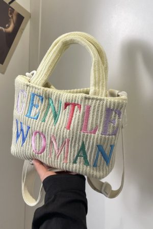 Color-Block Casual Knitted Tote Shoulder Bag with Embroidered 'Gentle Woman' - Trendy 2025 Accessory for Everyday Style