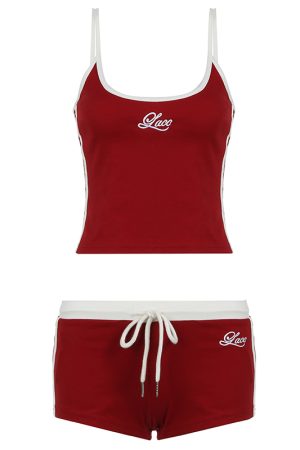 Color Block Letter Print Camisole and Shorts Two-Piece Set for Home Leisure, Trendy Thorny Rose Design, Comfortable Y2K Style