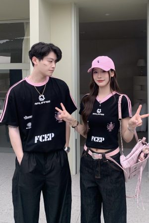 Color Block Letter Print Short Sleeve T-Shirt for Women - Casual Summer Loose Fit American Style Top for Spicy Girls