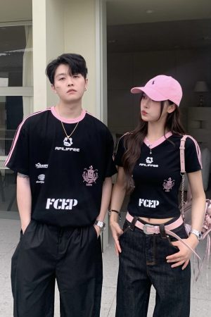 Color Block Letter Print Short Sleeve T-Shirt for Women - Casual Summer Loose Fit American Style Top for Spicy Girls