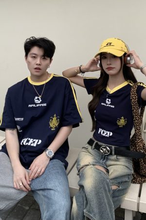 Color Block Letter Print Short Sleeve T-Shirt for Women - Casual Summer Loose Fit American Style Top for Spicy Girls