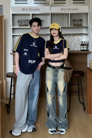 Color Block Letter Print Short Sleeve T-Shirt for Women - Casual Summer Loose Fit American Style Top for Spicy Girls