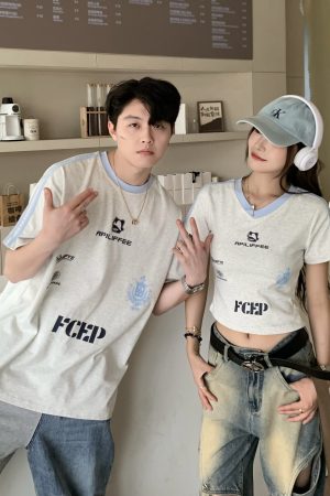 Color Block Letter Print Short Sleeve T-Shirt for Women - Casual Summer Loose Fit American Style Top for Spicy Girls