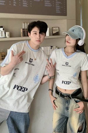 Color Block Letter Print Short Sleeve T-Shirt for Women - Casual Summer Loose Fit American Style Top for Spicy Girls