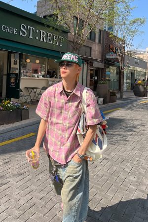 Color Block Plaid Short Sleeve Shirt Jacket - Unisex Vintage Minimalist Casual Wear for Spring Summer Sun Protection