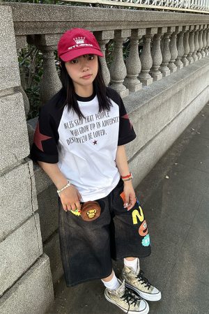 Color Block Raglan Short Sleeve T-Shirt for Men and Women - Trendy American Style Summer Top with Letter and Star Design